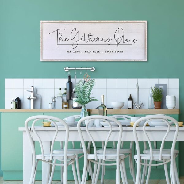 The Gathering Place Wall Decor Sign 40"x15" Large Family Dining Room Vintage Wooden Framed Country Farmhouse Simple And Rustic Hanging For Kitchen Home Wall Art Decoration (White) - Image 3