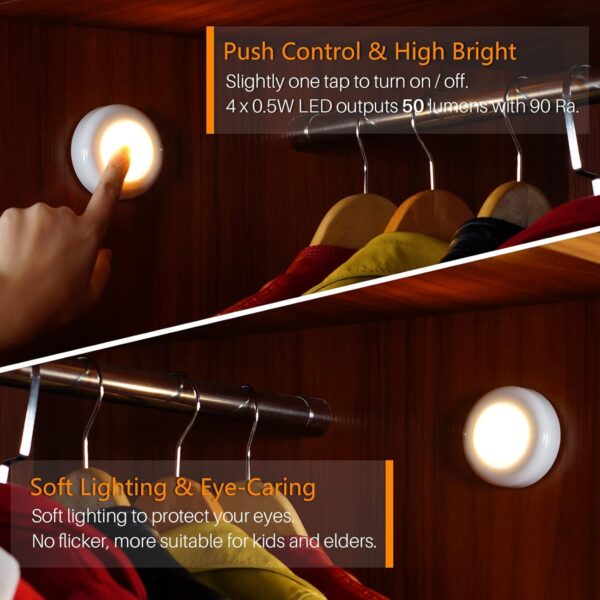 STAR-SPANGLED Tap Light Push Lights Mini Night Touch Light LED Puck Lights Portable Under Cabinet Lighting Battery Operated Powered DIY Stick On Lights Closet Counter Kitchen Warm White 5Pack - Image 2