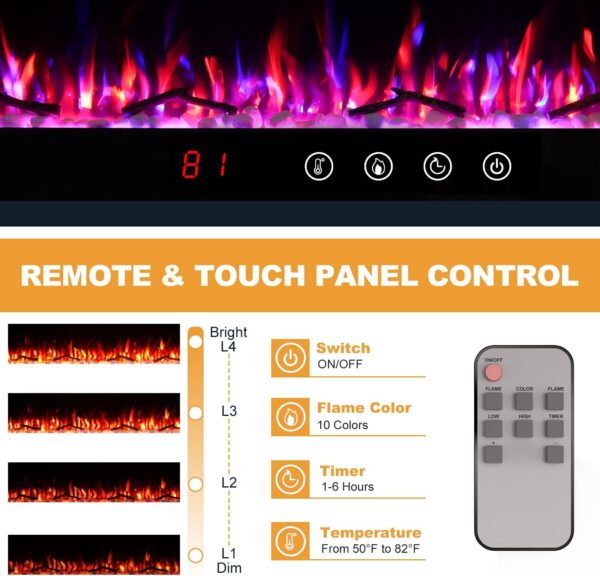 Electric Fireplace, 50 inch Recessed Wall Mounted Fire Place Heater with Remote Control Timer LED Adjustable Flame for Living Room Bedroom - Image 5