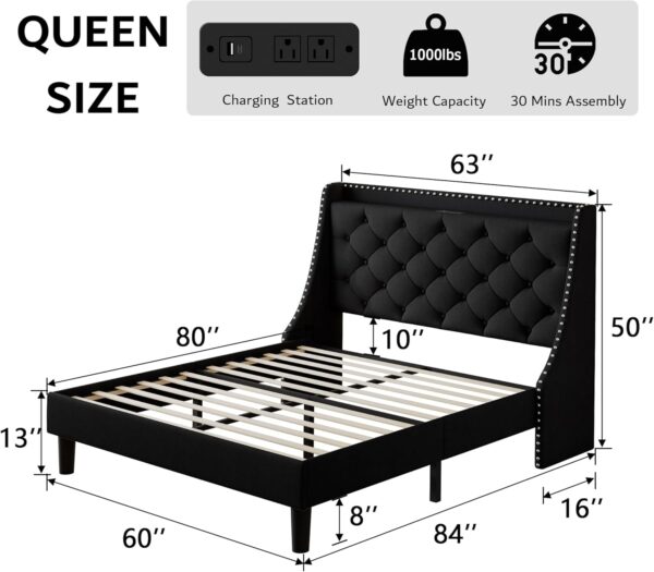 iPormis Queen Bed Frame with 16" Deluxe Wingback & Charging Station,Upholstered Platform Bed with Button Tufted Storage Headboard, Solid Wood Slats Support, No Box Spring Needed, Black - Image 2