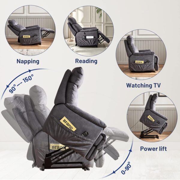 Power Lift Recliner Chair with 8 Points Massage and Heating Functions Electric Lift Fabric Couch for Elderly Up to 300Lbs Living Room Sofa with Side Pocket - Grey, Large - Image 6