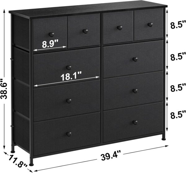 REAHOME Dresser for Bedroom with 10 Drawers, Wide Black Dresser with Wood Top, Fabric Storage Tower, Sturdy Steel Frame Storage Organizer for Living Room, Hallway, Entryway, Closets, Black Grey - Image 3