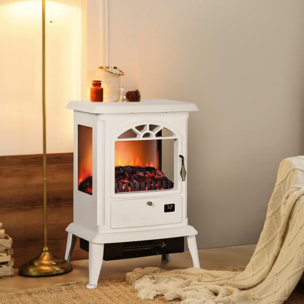 HOMCOM 23" Electric Infrared Fireplace Stove, Freestanding Fire Place Heater with Realistic Log Flame, Adjustable Temperature, Timer, 1000W/1500W, White - Image 2