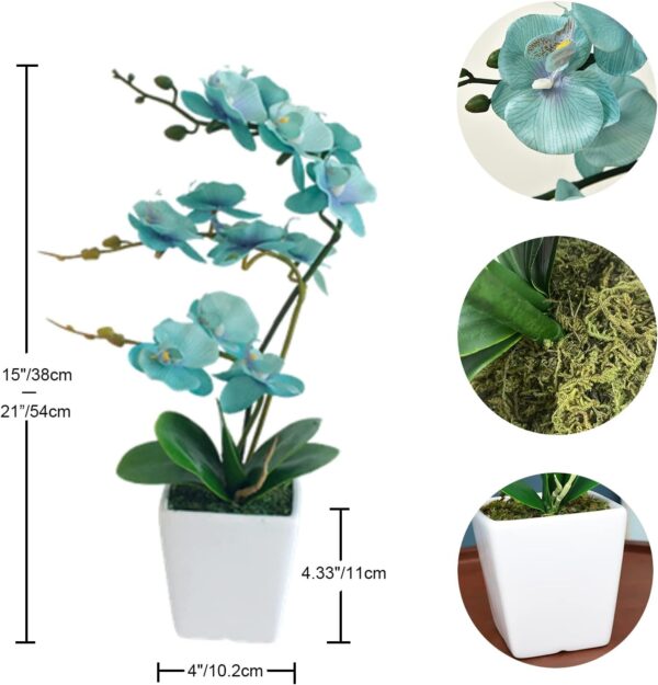 15 Inches Tall Artificial Silk Phalaenopsis Orchid Flower Plant Pot Teal Arrangements (Golden Blue) - Image 7