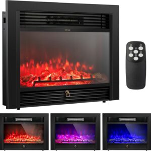 COSTWAY 28.5-Inch Electric Fireplace Inserts, 750W/1500W Wall Recessed and Freestanding Fireplace with 3 Flame Colors, 5 Brightness Settings, 8H Timer, Remote Control, Heater for Indoor Use