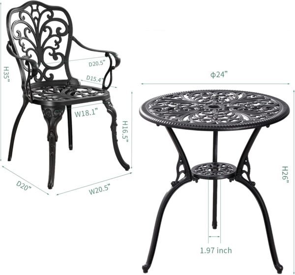 Bistro Table and Chairs Set of 2 with Umbrella Hole,Cast Aluminum Patio Bistro Sets 3 Piece,Outdoor Bistro Table Set,Patio Furniture Set for Front Porch Set,Garden(Butterfly Black) - Image 6