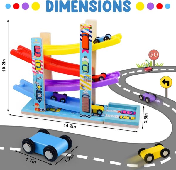 Montessori Toys for Toddlers, Children Race Track Toy with 4 Cars and 1 Wooden Parking Lot, Stable Base, Car Ramp Toy for 2 3 Year Old Boy Girl Gifts, 18 Month Old Toys for Kids - Image 6