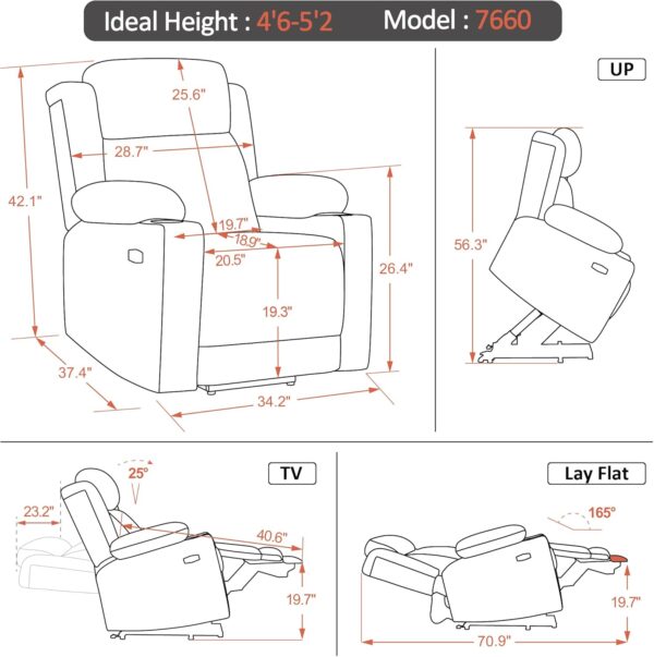 MCombo Small Dual Motor Power Lift Recliner Chair with Massage and Heat for Petite Elderly People, Adjustable Headrest, Infinite Position, USB Ports, Fabric 7660 (Grey, Small) - Image 3