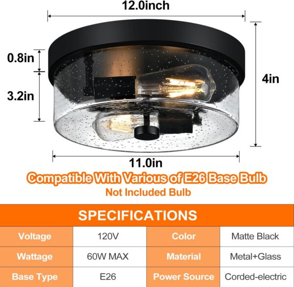 Black Flush Mount Ceiling Light Fixtures, 2-Light Ceiling Mount for Farmhouse with Seeded Glass Lampshade, Industrial Flush Mount Light Fixture Farmhouse for Hallway, Kitchen, Entryway and Foyer - Image 7