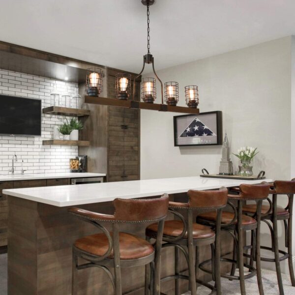 Farmhouse Cage Rustic Chandelier Kitchen Island 5 Lights, 42" L Large Linear Industrial Pool Table Pendant Lighting Vintage Edison Ceiling Light Fixture, Brown & Black(C0073) - Image 2