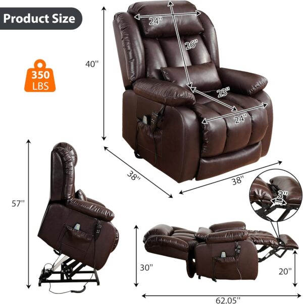 EDILLY Large Genuine Leather Power Lift Recliner Chair for Elderly, Dual Motor with Massage and Heating,with Double Lumbar Cushion and Extended Footrest,USB Port and Remote(Brown) - Image 2
