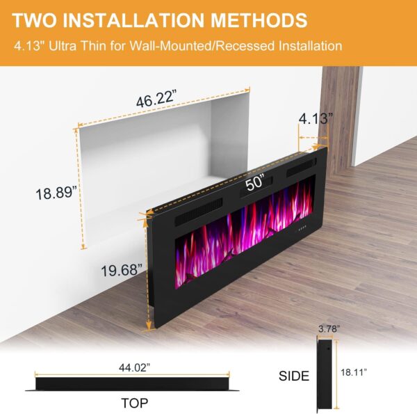 Electric Fireplace, 50 inch Recessed Wall Mounted Fire Place Heater with Remote Control Timer LED Adjustable Flame for Living Room Bedroom - Image 6