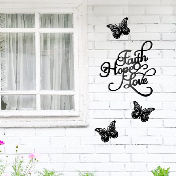 Metal Wall Art Decor Set 4 Pieces Rustic Black Love Signs for Home Decor Vintage Metal Butterflies Inspirational Metal Butterfly Wall Decorations Faith Hope Love Black Metal Sign for Home Decor - Image 6
