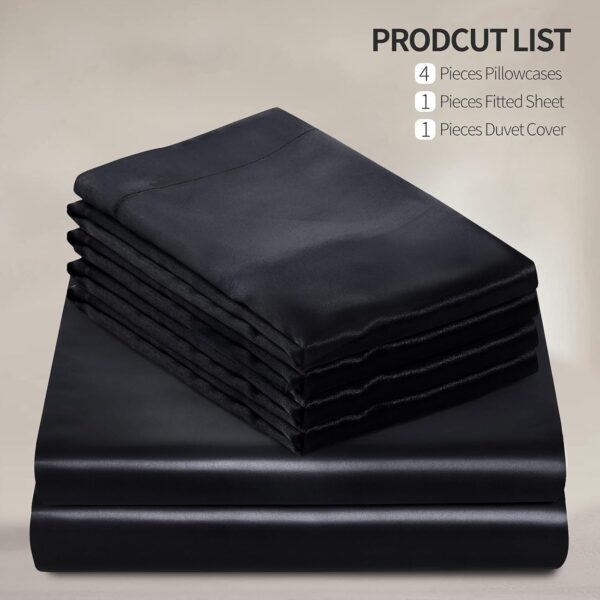Manyshofu 6Pcs Black Satin Duvet Cover Set Queen Size with Satin Fitted Sheet - Not Comforter, Silky Comforter Cover Set Satin Duvet Covers and Sheets (4 Pillowcases, 1 Duvet Cover, 1 Fitted Sheet) - Image 4