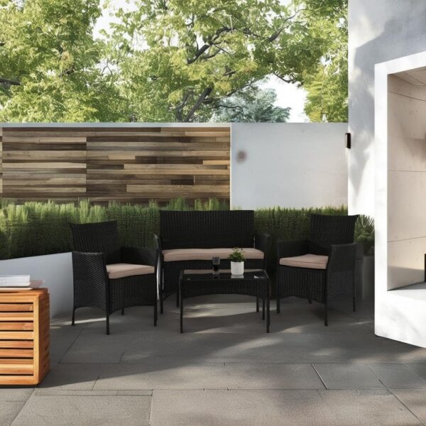 4 Pieces Patio Furniture Set Rattan Outside Furniture Wicker Sofa Garden Conversation Sets with Soft Cushion and Glass Table for Yard Pool or Backyard,Black - Image 5