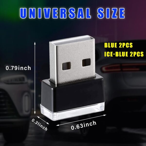 Augeny 4 PCS USB LED Car Interior Atmosphere Lamp, Plug-in USB Decor Night Light, Portable Auto Ambient Lighting Kit, Universal Vehicle Interior Accessories for Most Cars (Blue & Ice Blue) - Image 2