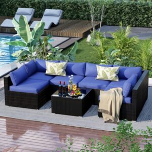 7 Pieces Patio Furniture Set - Outdoor Sectional Wicker Rattan Furniture with Cushion and Glass Table Patio Conversation Sets for Porch Poolside Backyard Outdoor Sofa Set Modular Sofa