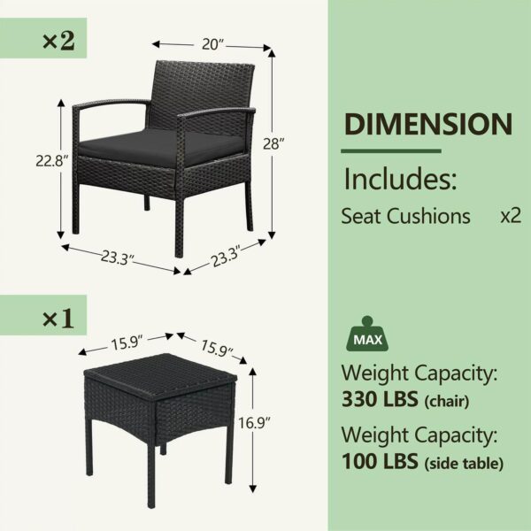 PROHIKER 3 PCS Patio Rattan Conversation Chairs Set, Outdoor Patio Furniture Balcony Furniture Set, Wicker Patio Set for Garden Porch Balcony Yard, Black - Image 6
