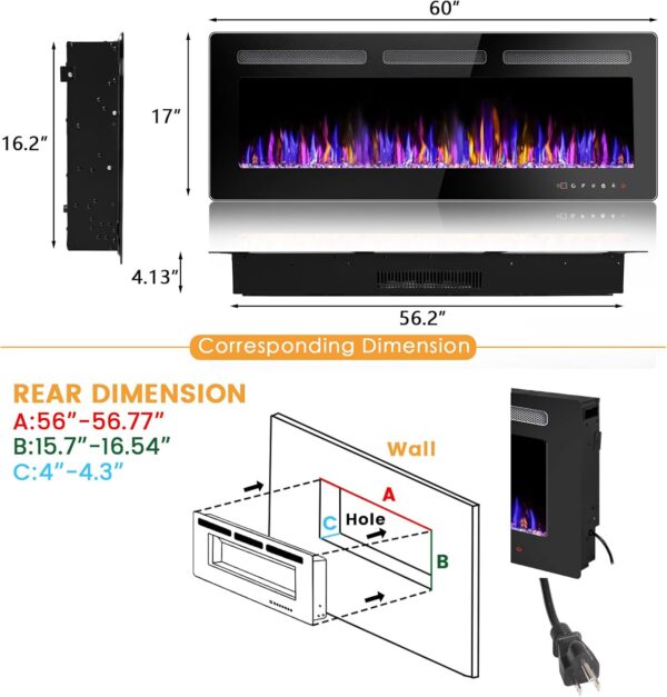 BOSSIN 40" Electric Fireplace Wall Mounted and Recessed, Ultra-Thin Wall Fireplace Heater and Timer Adjustable Flame Color and Brightness, Low Noise, 750/1500W Control by Touch Panel & Remote - Image 6