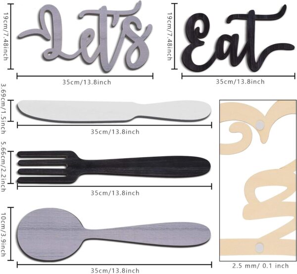 Yerliker 5 Pieces Let's Eat Sign, Wooden Fork Spoon Knife Sign Wall Decor, Rustic Cutout Eat Kitchen Decor for Home Dining Living Room Bar Cafe Restaurant (Black, White, Gray) - Image 2