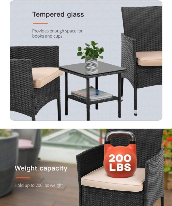 FDW Patio Furniture Set Outdoor Furniture Wicker Bistro Rattan Chair Conversation Sets with Coffee Table for Yard Backyard Lawn Porch Poolside Balcony,Black and Beige - Image 3