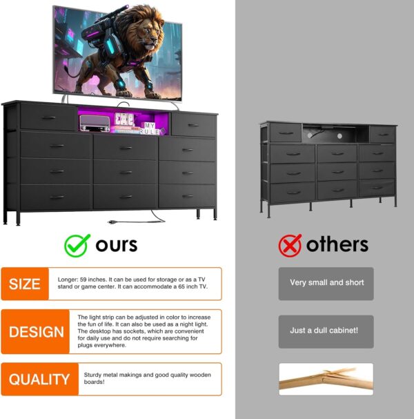 Fixwal Black Dresser for Bedroom Long Dresser TV Stand for 65 Inch TV with Charging Station and LED Lights, with 11 Drawers, Fabric Chest of Drawers, Living Room, Entryway - Image 4