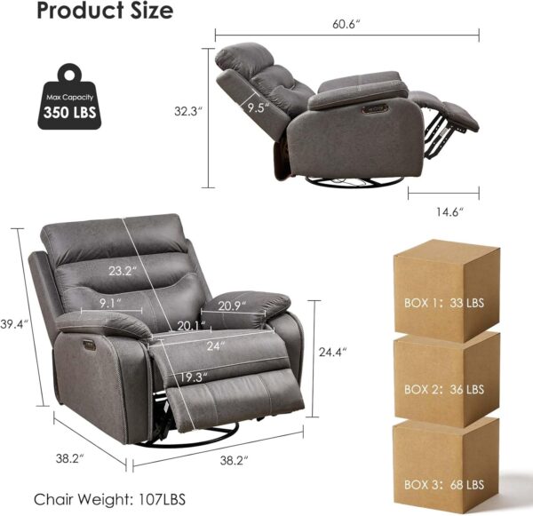 Power Swivel Nursery Glider Recliner Chair, Electric Rocking Sofa with Adjustable Headrest & Soft Cushions, Ultimate Comfort Living Room Bedroom Rocker Armchairs, Built-in USB, Light Gray - Image 2