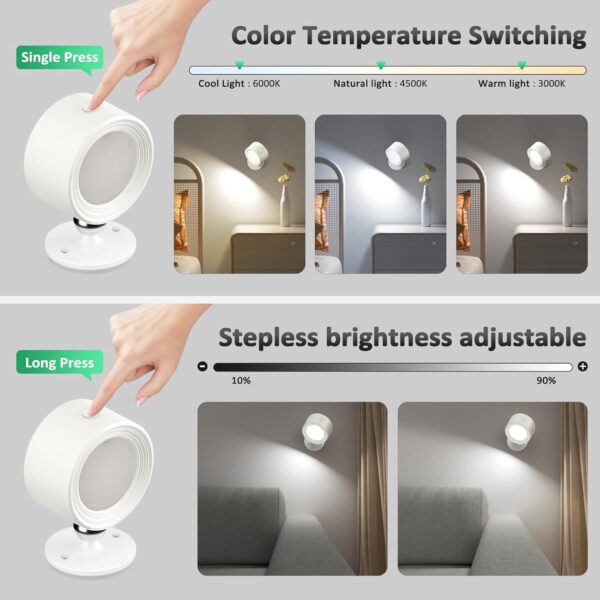 LED Wall Sconces 3 Pcs with Remote, Wall Mounted Lights Rechargeable Battery Operated, 3 Color Temperatures & Dimmable Wall Lamp Magnetic 360° Rotation Wireless Light for Bedroom Living Room - Image 3