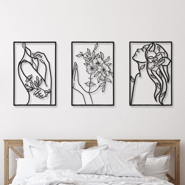 CHENGU 3 Pieces Metal Minimalist Abstract Woman Wall Art Line Drawing Wall Art Decor Single Line Female Home Hanging Wall Art Decor for Kitchen Bathroom Living Room (Flower) - Image 2