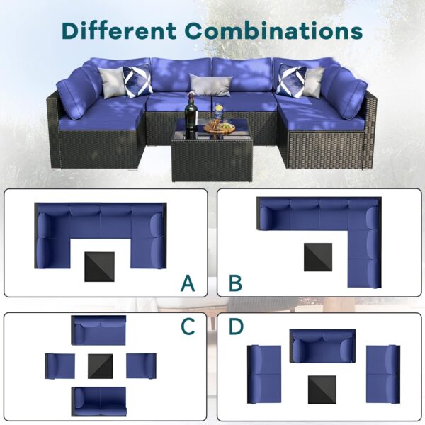 7 Pieces Patio Furniture Set - Outdoor Sectional Wicker Rattan Furniture with Cushion and Glass Table Patio Conversation Sets for Porch Poolside Backyard Outdoor Sofa Set Modular Sofa - Image 3