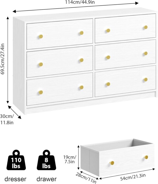 Nicehill Dresser for Bedroom with 6 Drawers, Fabric Storage Tower, Dresser & Chest of Drawers Organizer, Storage Cabinet for Hallway, Closets, Living Room,White Dresser Wooden（White） - Image 3