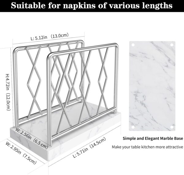 Napkin Holder for Table, Elegant Marble Standing Napkin Dispenser for Kitchen Dining Modern Cocktail Picnic Bar, Metal Tissue Holders for kitchen Suitable for All Dining Room Decors Sliver - Image 3