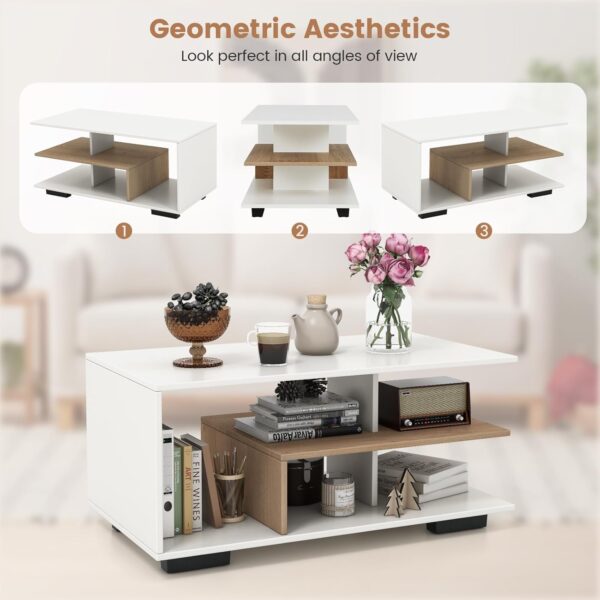 Giantex Coffee Table with Storage, Modern Rectangular Accent Table with L-Shaped Middle Shelf, Versatile 3-Tier Cocktail Table Sofa Table, Geometric Center Table for Living Room (Natural and White) - Image 6