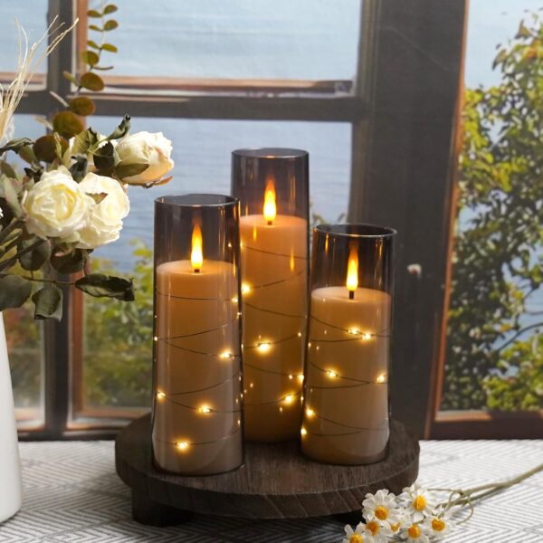 Flameless LED Candles with Timer 9 Pc Flickering Flameless Candles for Romantic Ambiance and Home Decoration Stable Acrylic Shell,with Embedded Star String，Battery Operated Candles（Grey） - Image 3