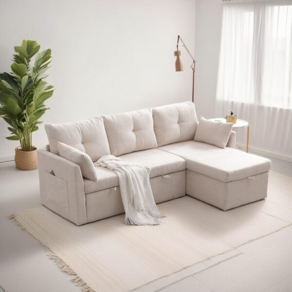 MMTGO 81.5" Reversible Sleeper Sectional Sofa Chaise,with Charging Ports and Pull Out Bed, L-Shaped Velvet Couch w/Side Pocket & Storage Chaise - Image 3