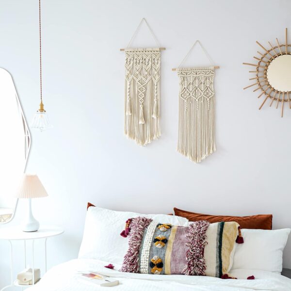 Mkono 2 Pcs Macrame Woven Wall Hanging Boho Chic Geometric Art Decor - Beautiful Bedroom Nursery Apartment Home Decoration, Gift for Girls Adults Birthday, 28" L x 13" W - Image 2