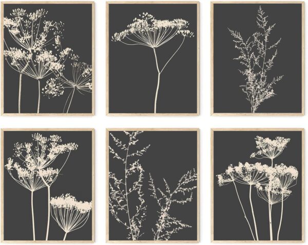 Botanical Wall Art Set of 6, Minimalist Abstract Botanical Prints Leaf Plant Wall Decor Canvas Painting, Boho Farmhouse Floral Botanical Wall Decor for Bathroom, Bedroom, Living Room,