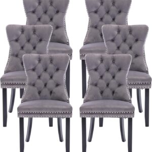 Kiztir Velvet Dining Chairs Set of 6, Upholstered Dining Room Chairs with Ring Pull Trim and Button Back, Luxury Tufted Dining Chairs for Living Room, Bedroom, Kitchen (Grey)
