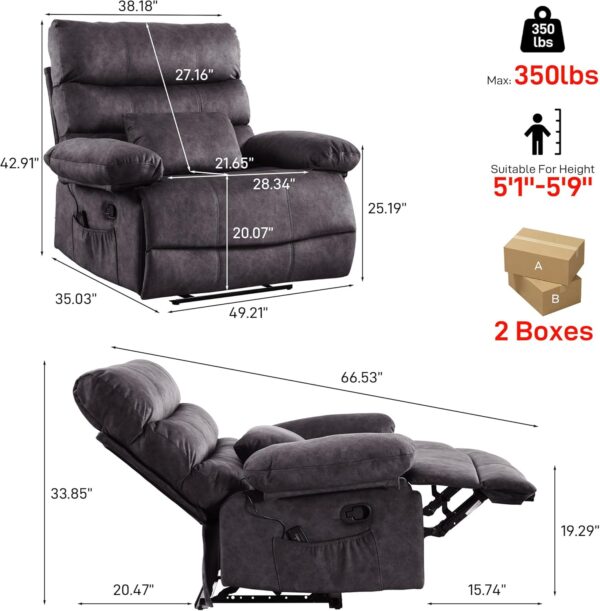 Oversized Recliner Chair, Plus Size 28 inch Large Wide Seat Manual Flannel Recliner with Pockets, Massage Heated Pillow 350 lb Capacity for Living Room Adults Dark Grey - Image 7