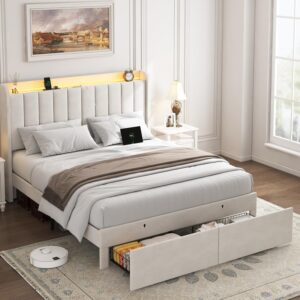 Full Size Bed Frame with Storage Headboard, Upholstered Platform Bed Frame with LED Lights, Drawers, Charging Station, Wood Slats Support, No Box Spring Needed, Beige