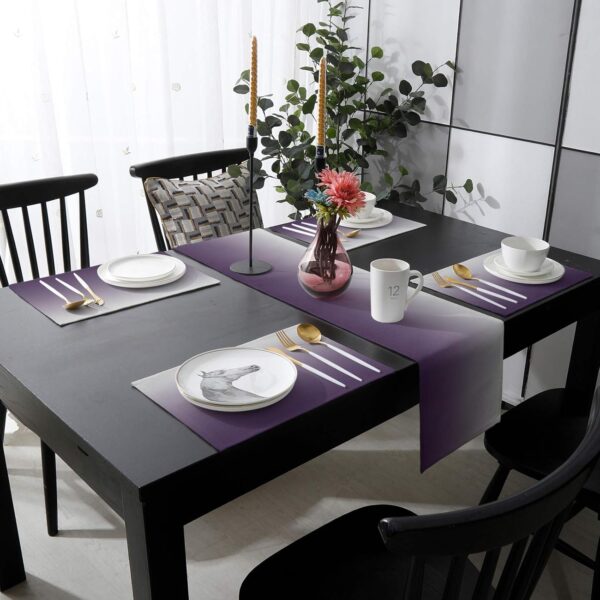Table Runner with 6 Place Mats, Gray and Purple Gradient Color Cotton-Linen Dining Mat Sets Heat Resistant Washable Placemat for Dining Table/Kitchen/Living Room/Office/Picnic 13x90 Inch - Image 2