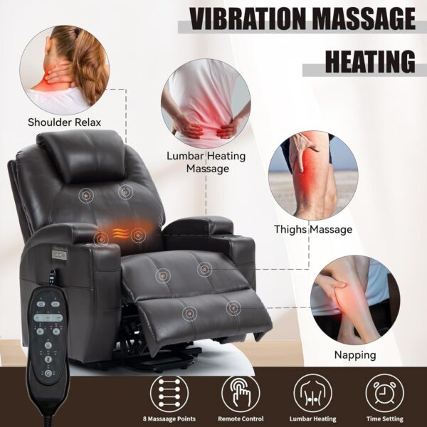 Electric Power Lift Recliner Chair for Elderly, Heavy Duty Motion Mechanism with 8-Point Vibration Massage and Lumbar Heating, Two Cup Holders and USB Charge Port,Black - Image 5