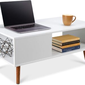 Best Choice Products Wooden Mid-Century Modern Coffee Table, Accent Furniture for Living Room, Indoor, Home Décor w/Open Storage Shelf, Wood Grain Finish - White/Brown