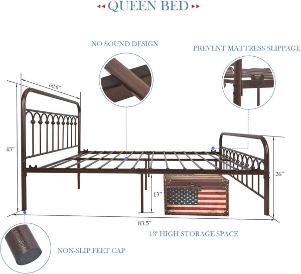 YALAXON Vintage Sturdy Queen Size Metal Bed Frame with Headboard and Footboard Basic Bed Frame No Box Spring Needed，Antique Brown. - Image 2