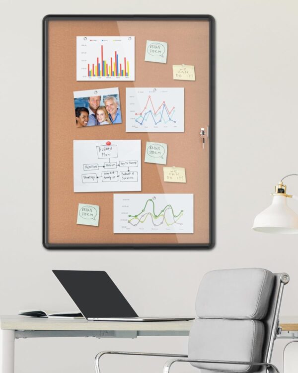 38"x28" Enclosed Bulletin Board, Lockable Weather-Resistant Aluminum Cork Noticeboard for School & Office, Black Frame w/Cork - Image 2