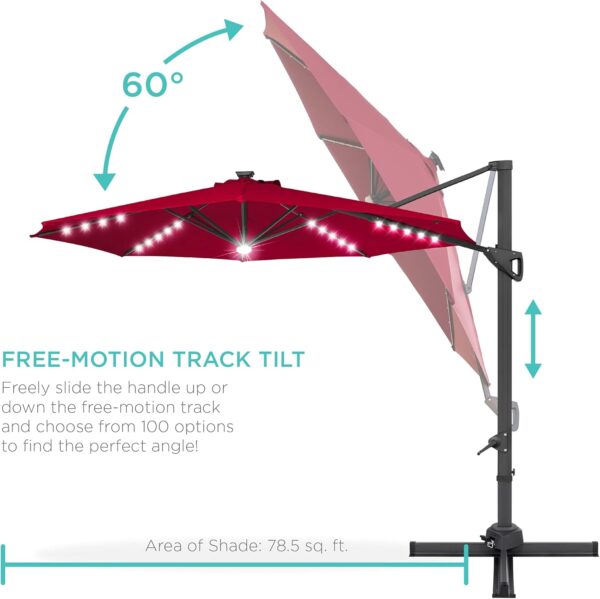 Best Choice Products 10ft Solar LED Cantilever Patio Umbrella, 360-Degree Rotation Hanging Offset Market Outdoor Sun Shade for Backyard, Deck, Poolside w/Lights, Easy Tilt, Cross Base - Image 5