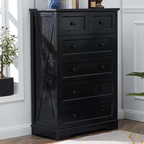 LDTTCUK 6 Drawer Dresser, Farmhouse Dresser Chest of Drawer for Bedroom, 48 Inch Tall Dresser, Wood Storage Chest of Drawers Storage Cabinet for Living Room, Entryway, Hallway, Black - Image 5