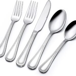 60 Piece Silverware Set for 12, Stainless Steel Flatware Set, Mirror Polished Cutlery Set Utensil Set, Tableware Include Forks Spoons Knives for Home Restaurant, Beaded Handle, Dishwasher Safe