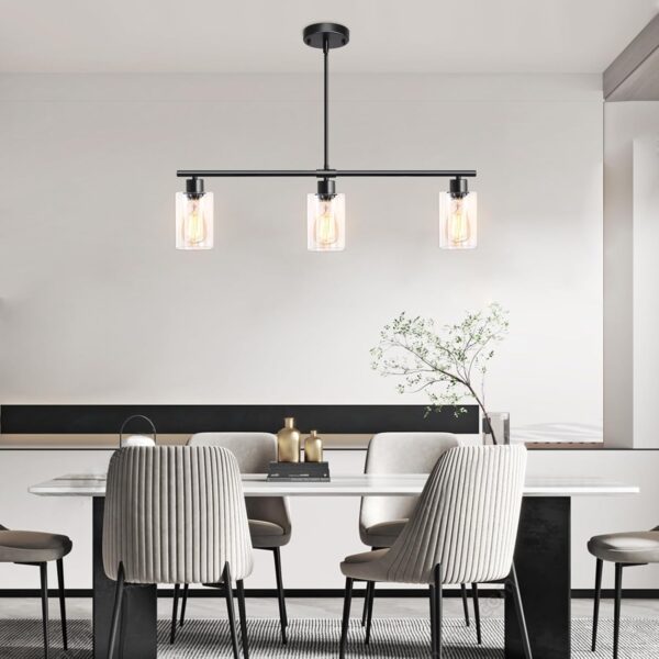 Kitchen Island Lighting, 3-Lights Black Pendant Lights Kitchen Island, Hanging Linear Light Fixture Chandelier With Glass Shades and Adjustable Rods, Modern Dining Room Light Fixtures Over Table - Image 3