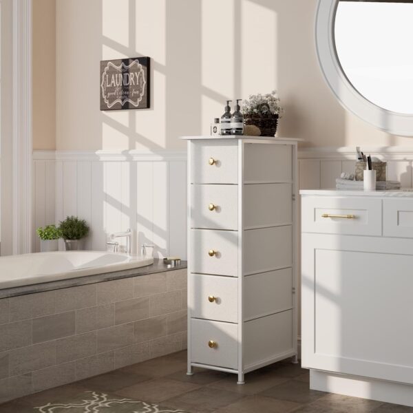 Narrow Dresser Thin Cabinet Tall Slim Dresser Drawers Skinny Storage Tower for Small Spaces Gaps Bedroom Bathroom with Small Drawer Unit (White, 5 Drawers) - Image 2